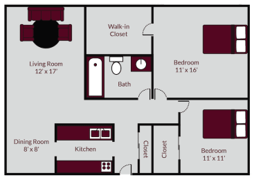 2 beds, 1 bath, 860 sqft, $1,069