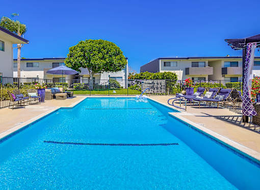 A large blue swimming pool with a black fence and a tree in the background.