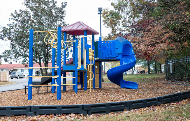 a playground at a park with a blue slide
