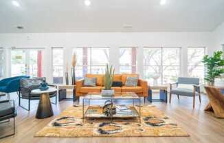 a living room with a couch and a coffee table