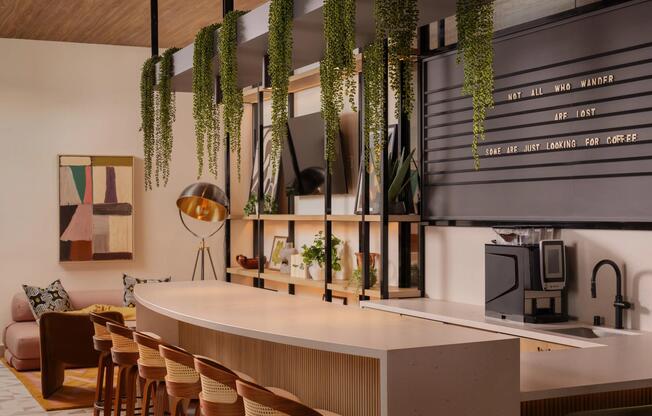 Coffee bar moments at Modera Rio Salado—grab a seat, recharge, and connect in a thoughtfully designed gathering space.