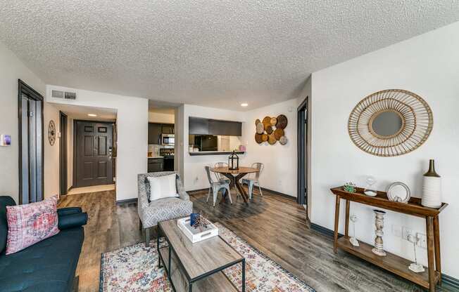 a living room with a couch and a table