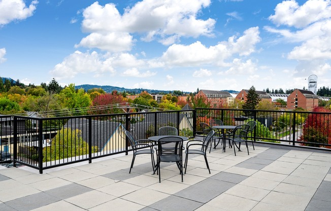 the terrace of a balcony with tables and chairs and a view of the city