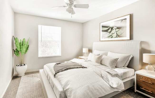 Virtually staged bedroom with carpet, accent rug, ceiling fan with light