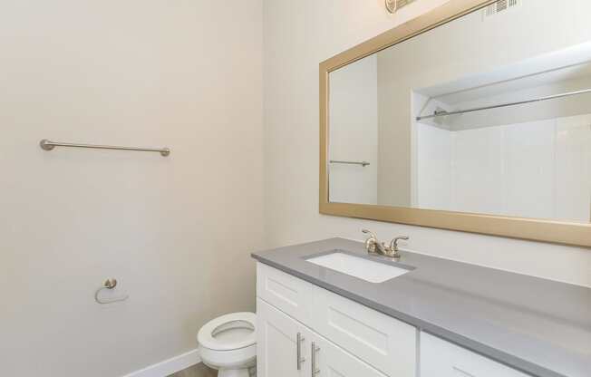 A bathroom with a toilet, sink, and mirror.