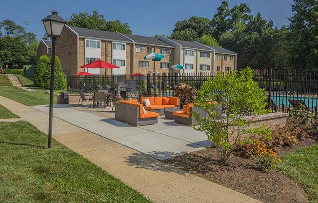 Outdoor seating are with walkway at Tysons Glen Apartments and Townhomes, Virginia, 22043