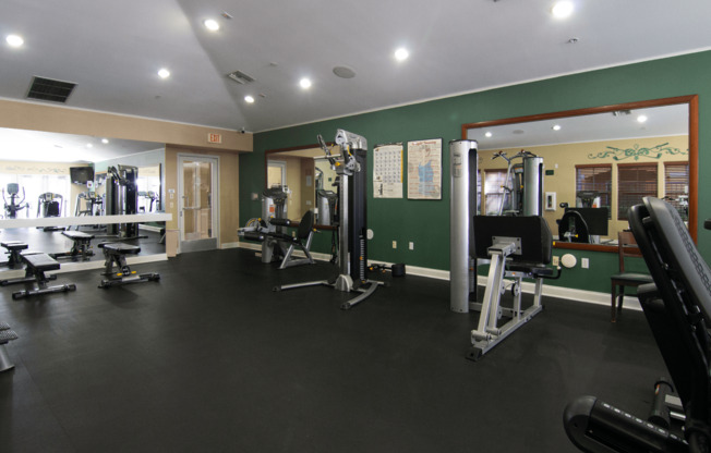 A gym with a variety of equipment including weights and cardio machines.,A gym with a variety of equipment including weights and cardio machines.