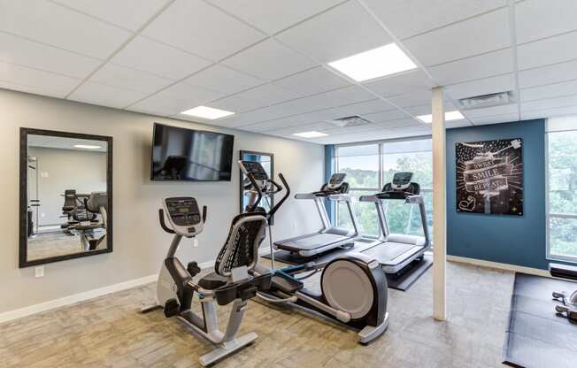 Pet-Friendly Apartments in Lakeville, MN - Lakside Flats - Gym with Machines, Mat, TV, Large Windows, and Mirror