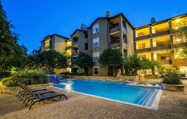 Lighted Swimming Pool at Night at Dallas Apartments Near Me