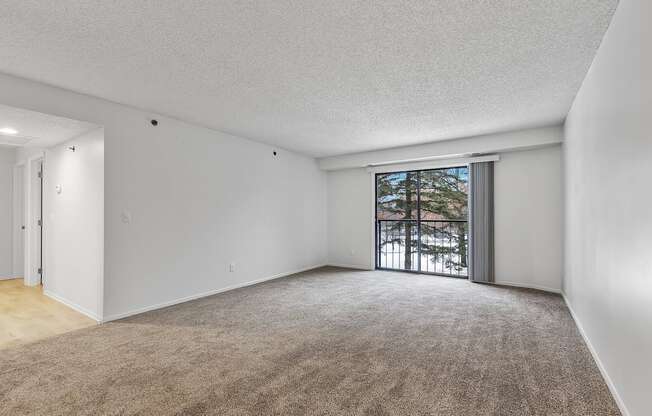 a bedroom with a sliding glass door and a carpeted floor