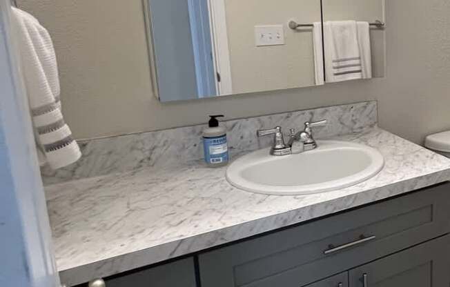 A bathroom with a sink, mirror, and cabinets.