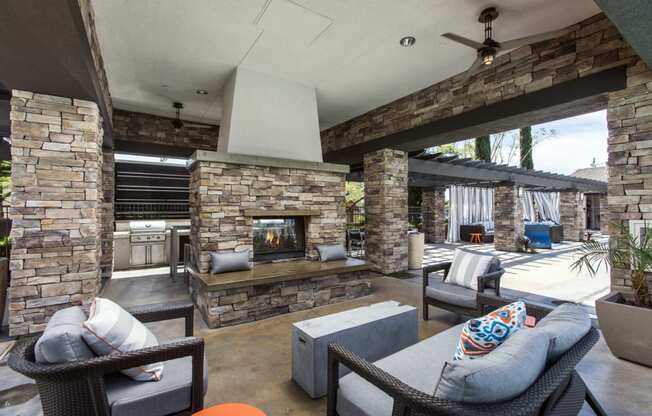 Outdoor fireplace with seating