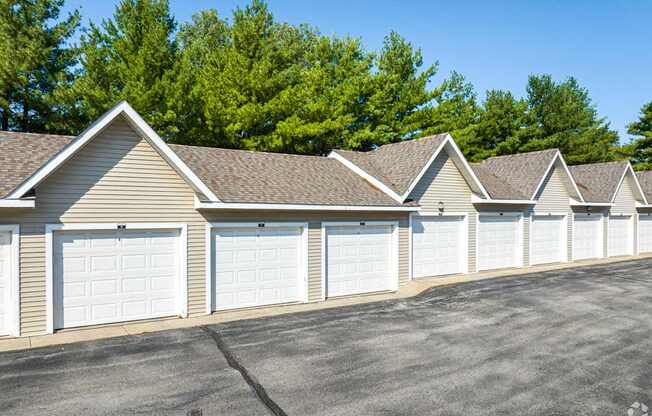 A row of garages with trees in the background.