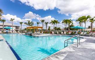 exterior pool with patio furniture and palm trees on sunny day