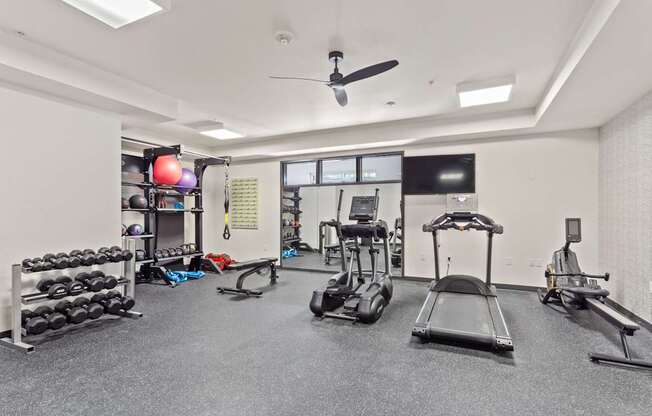 A spacious gym with a variety of equipment including a treadmill, weights, and a fan.