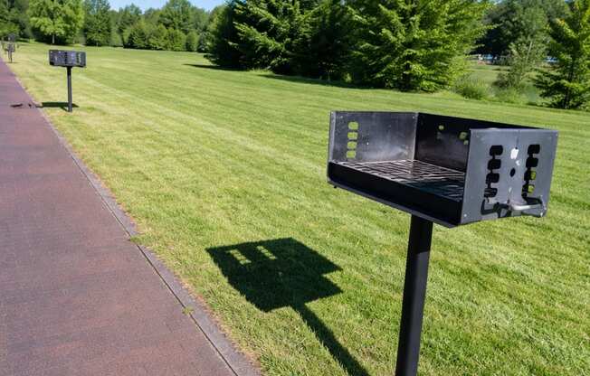 A black mailbox sits on a grassy area next to a paved path.
