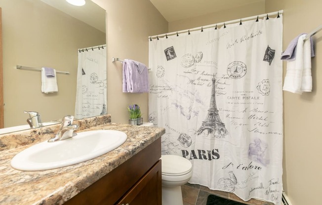 a bathroom with a shower curtain with the eiffel tower. Fargo, ND Islander Apartments