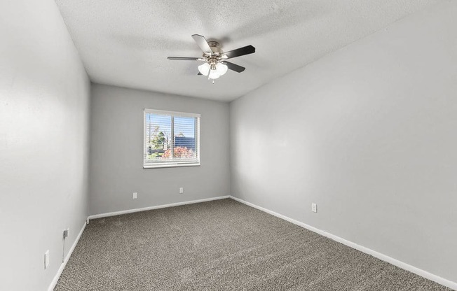 Apartments in Overland Park, KS for Rent - Treetop Lodge - Photo of Renovated Luxury Bedroom with Ceiling Fan and Large Window