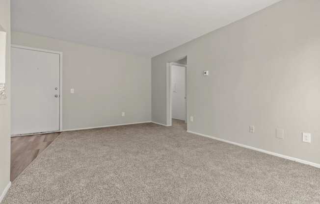 a spacious living room with carpet and a door to a bedroom