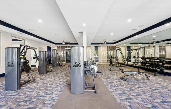 Fitness studio with advanced weightlifting machines at Harlow River Oaks apartments in Houston, TX