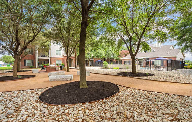 A tree in a circle of dirt is in the middle of a circle of gravel.