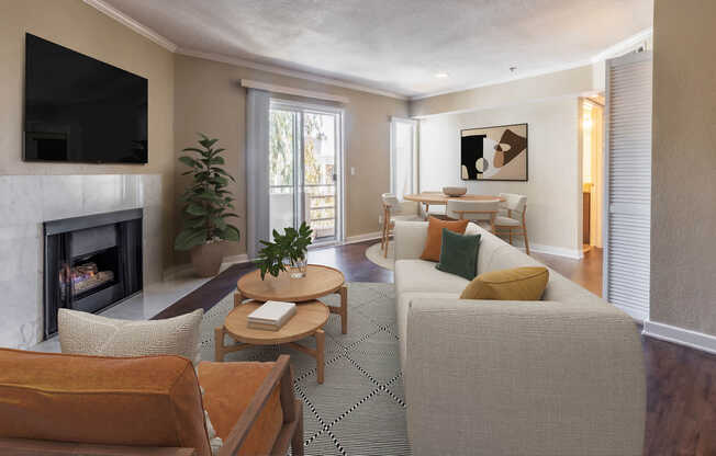 Living Room with Fireplace and Balcony