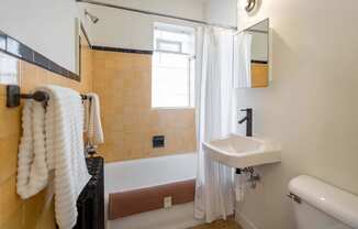 a bathroom with a tub and a sink and a window