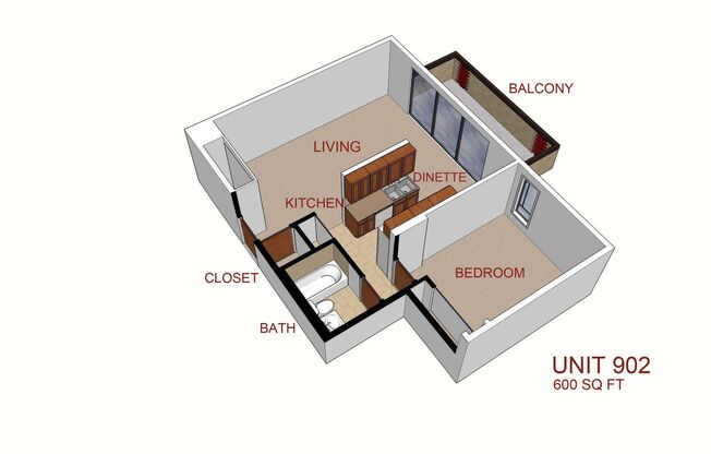 1 bed, 1 bath, 600 sqft, $1,395, Unit 902