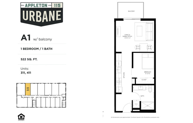 1 bed, 1 bath, 521 sqft, $1,525, Unit 411