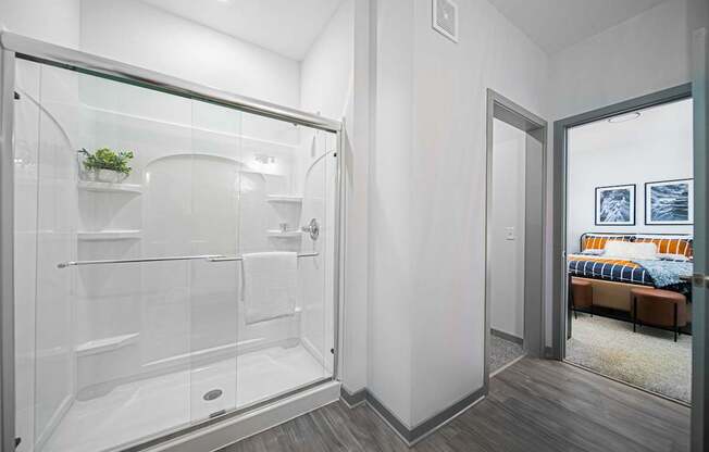 A modern bathroom with a walk-in shower and a view of a bedroom through the open door.