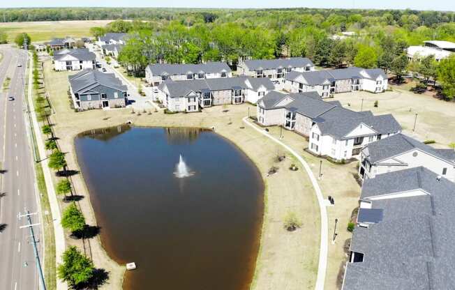 an aerial view of community and lake at Meridian Park in Collierville, TN 38017