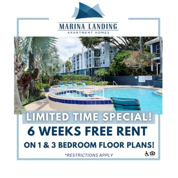 A poster advertising a 6 weeks free rent offer at Marina Landing Apartment Homes.
