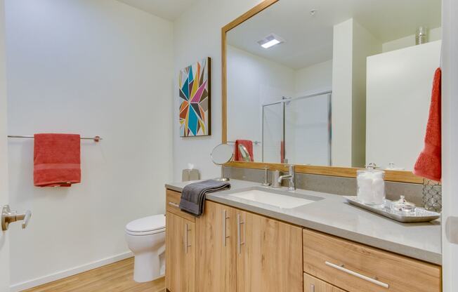 Bright Bathrooms with Vanity Storage at The Whittaker, 4755 Fauntleroy Way, Seattle