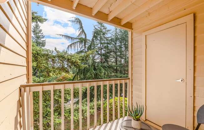 A balcony with a table and chairs overlooking a forest.