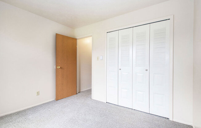 a bedroom with a large closet