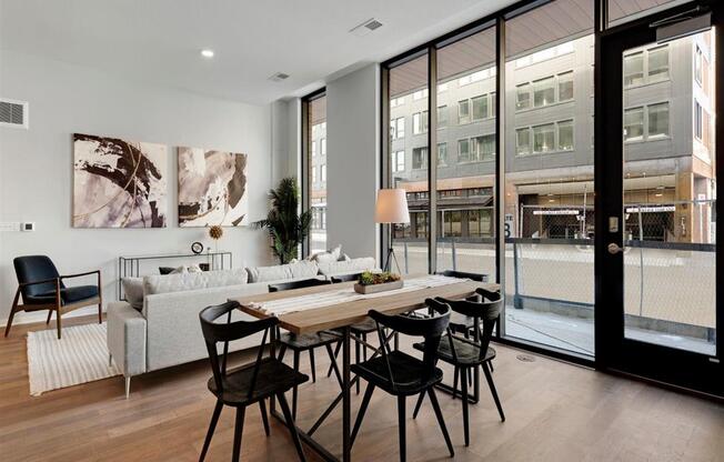 floor to ceiling windows in urban apartment