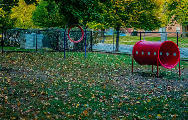 a red bench sitting next to a red frisbee on top of a lush green field at Fifteen 98 Naperville, Illinois, 60563