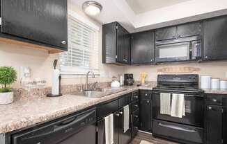 A black kitchen with granite countertops and a black oven.