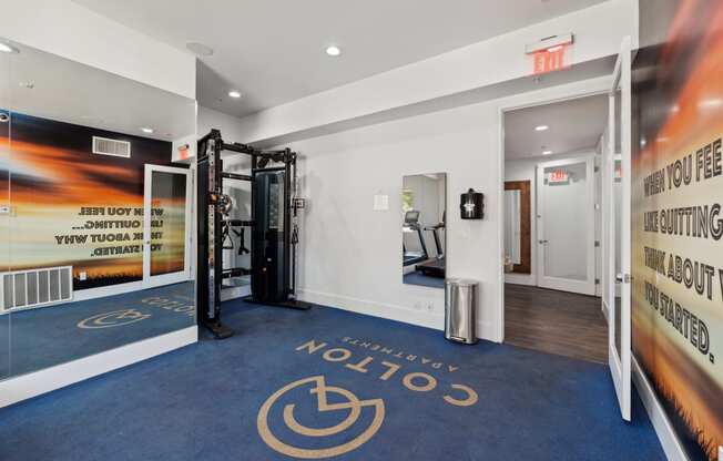 a gym with a blue carpet with the logo of the volitions