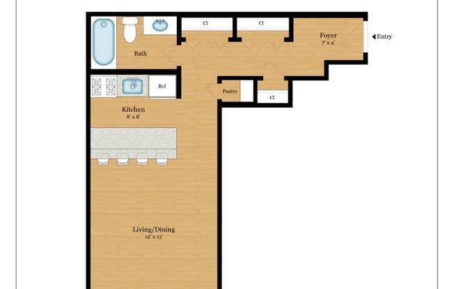 Studio, 1 bath, 445 sqft, $750, Unit 206