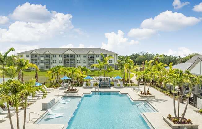 a large swimming pool with palm trees and a building in the background