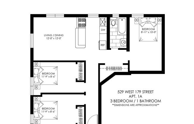 3 beds, 1 bath, 707 sqft, $3,700, Unit 1A