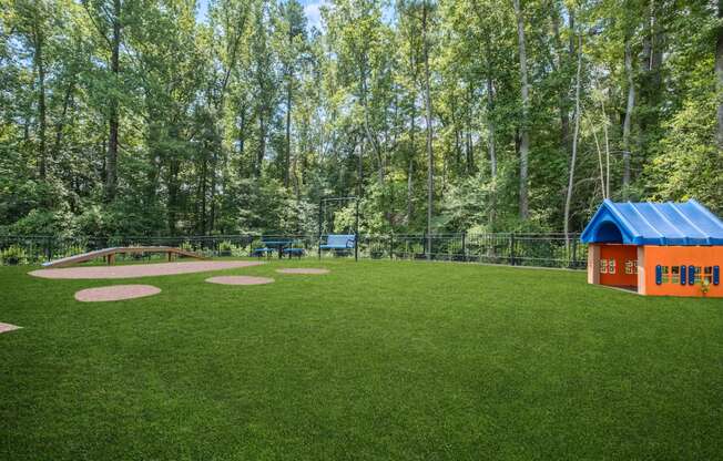 a large yard with a playground and a small house