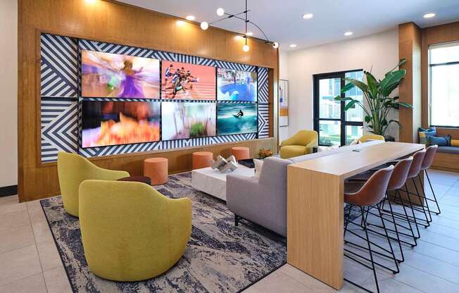 a group of people standing in a room