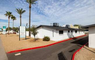 a white building with palm trees and a road in front of it