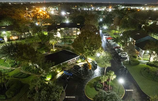 Aerial View of Community Clubhouse and Parking Lot at Fountains at Lee Vista Apartments in Orlando, FL.