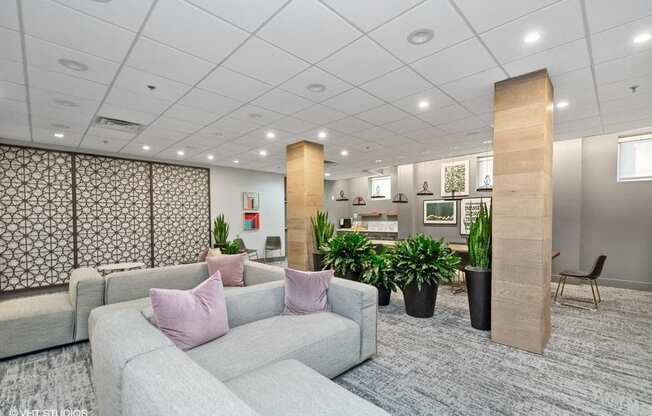 a large room with couches and potted plants