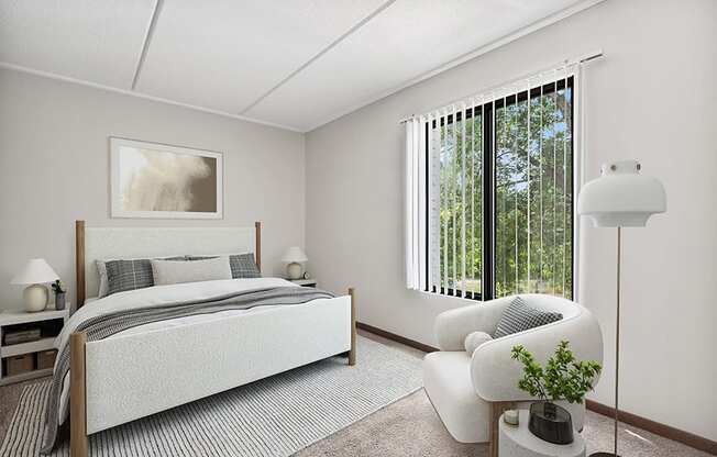 Model Classic Unit Bedroom with Carpet and Window View  at Elevate on Parkway, Burnsville, Minnesota, 55337