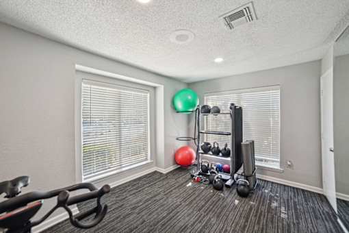 A room with a variety of exercise equipment including a stationary bike, a rowing machine, and a set of dumbbells.