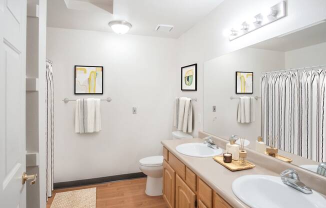 a bathroom with two sinks and a shower and a toilet